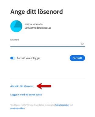 Återställ lösenord Creative Cloud