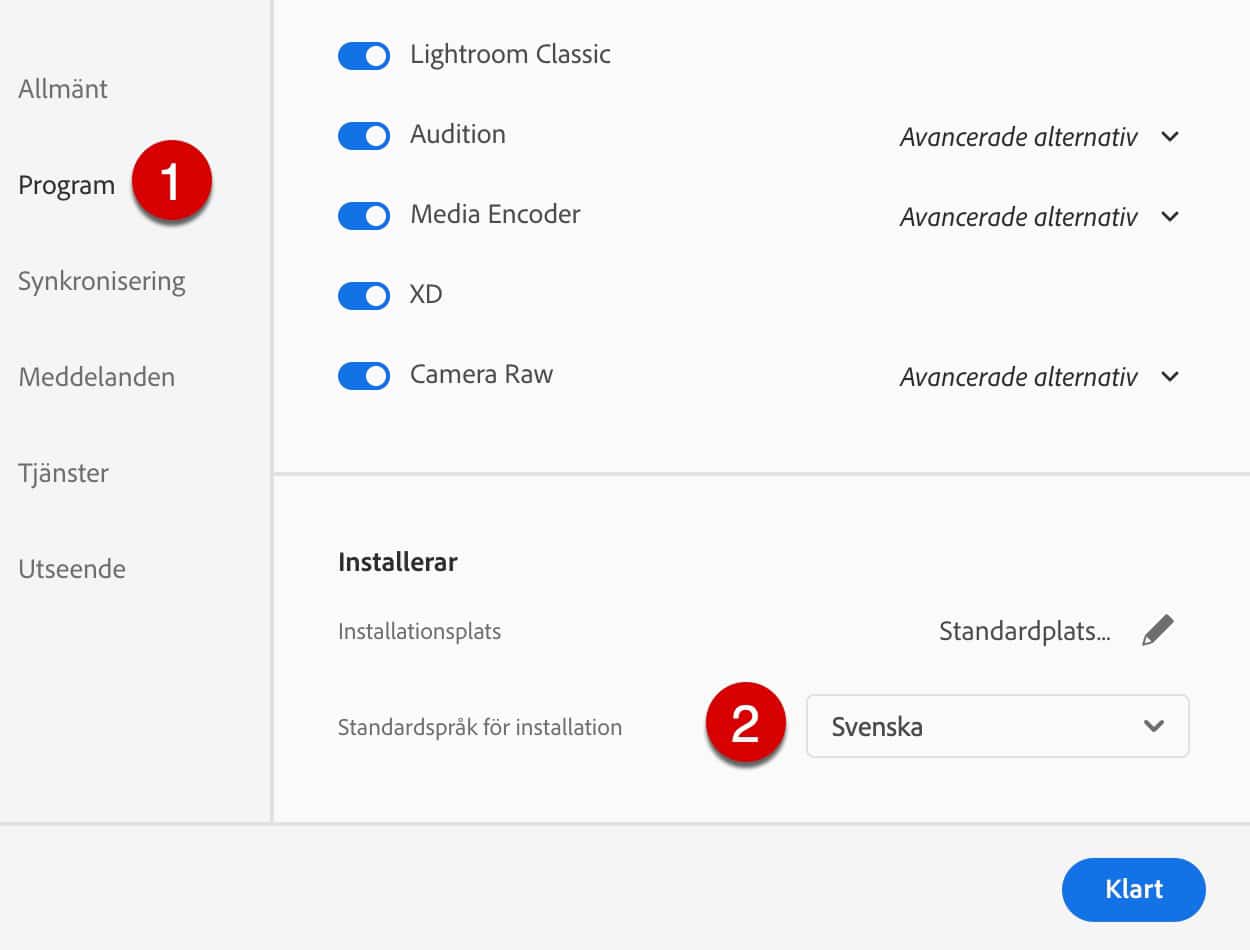 Byta språk i Creative Cloud