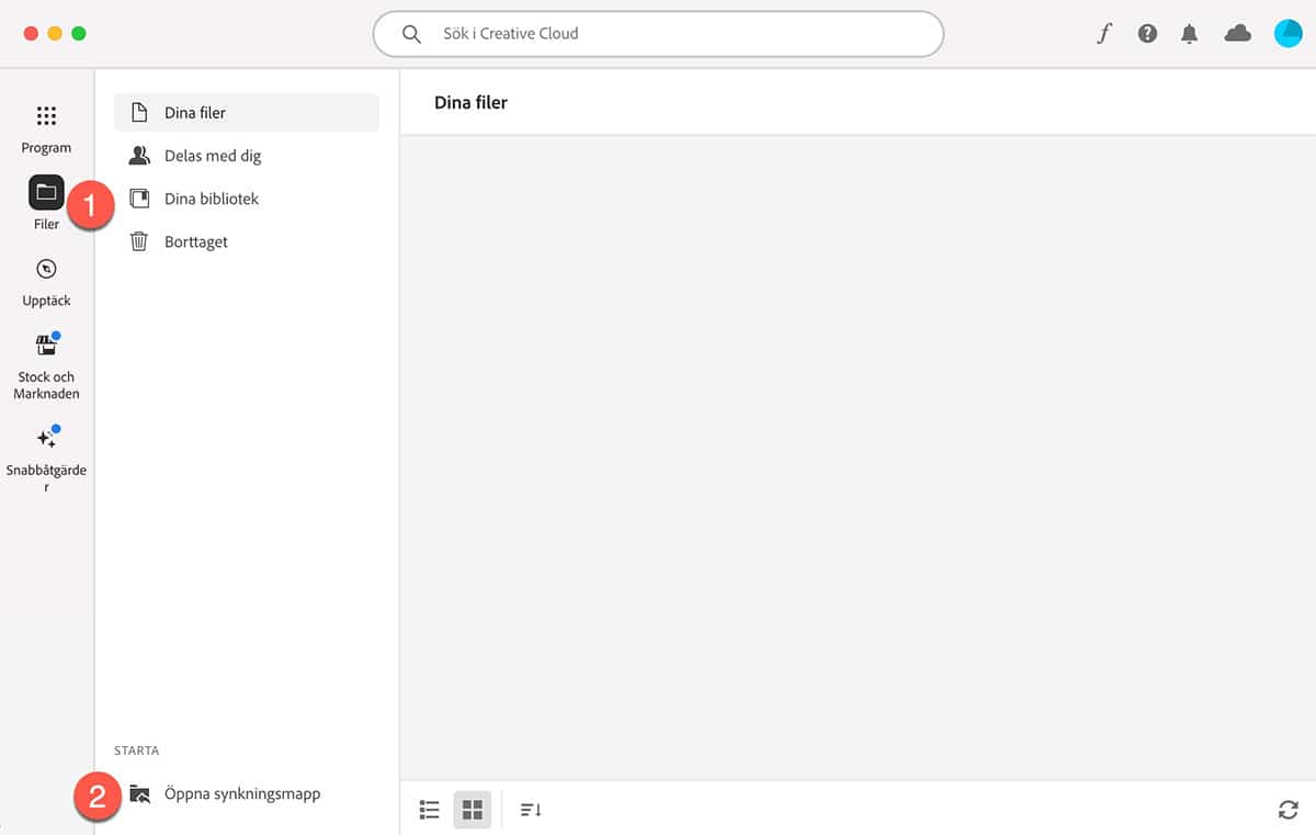 Programmet Creative Cloud med fliken Filer öppnat för att hitta synkningsmappen.