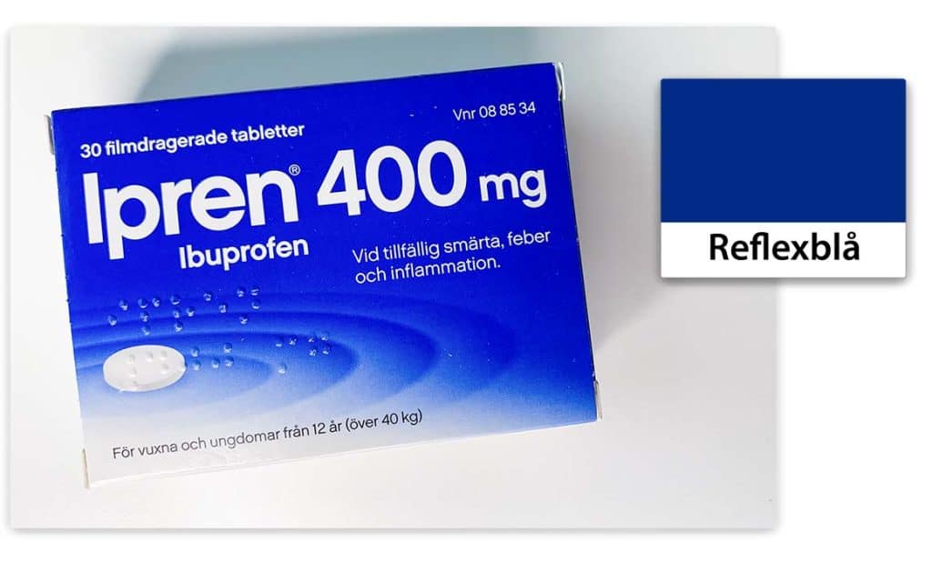 Reflexblå i Pantone är vanligt på värktabletter