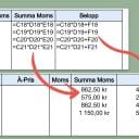 Två screenshots från ett Excel-dokument där en visar formler i cellerna och en visar siffror.
