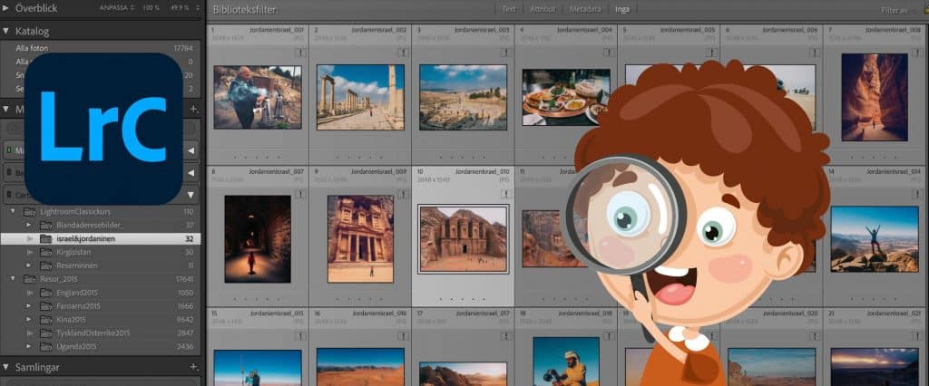 En tecknad pojke tittar genom förstoringsglas på ett fönster som visar katalogen i Lightroom Classic