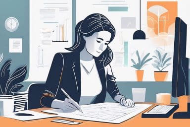 Illustration av person som sitter vid skrivbord och planerar sin kompetensutveckling