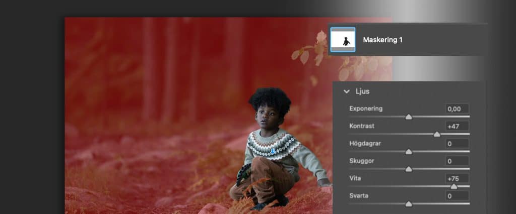 maskering på omgivning kring pojke och reglage i Camera Raw för maskering