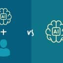 Illustration som jämför AI-assisterat arbete med AI-genererat arbete, där AI och en människa samarbetar på ena sidan och enbart AI agerar på den andra.