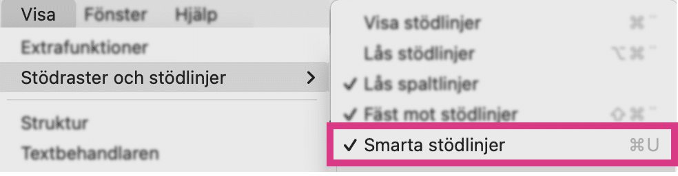 Menyn i Indesign som visar påslagna smarta stödlinjer
