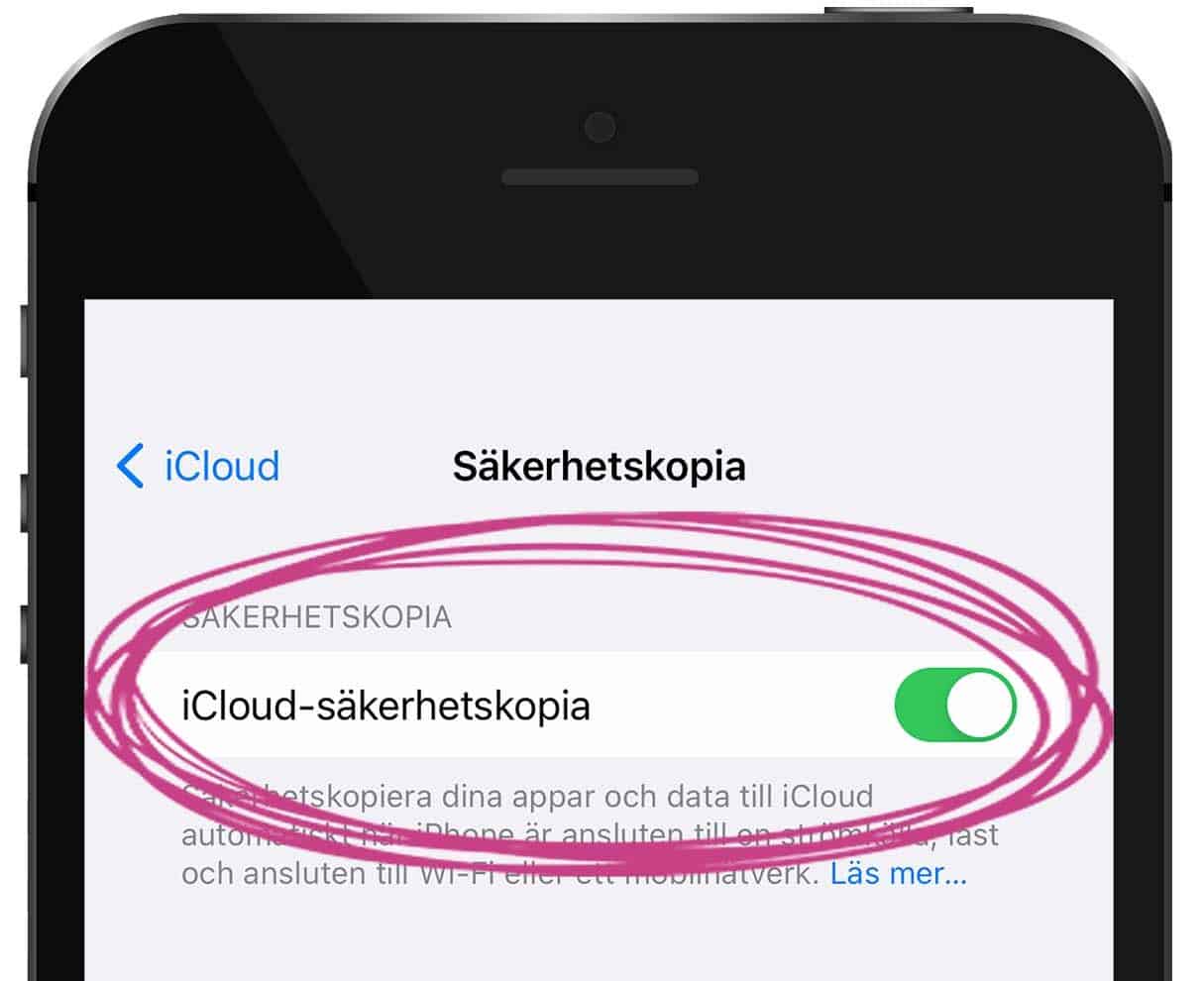 Skärmdump på en iphone som visar inställningar för säkerhetskopiering