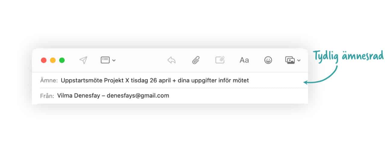 Skärmdump på ett mail med en bra ämnesrad