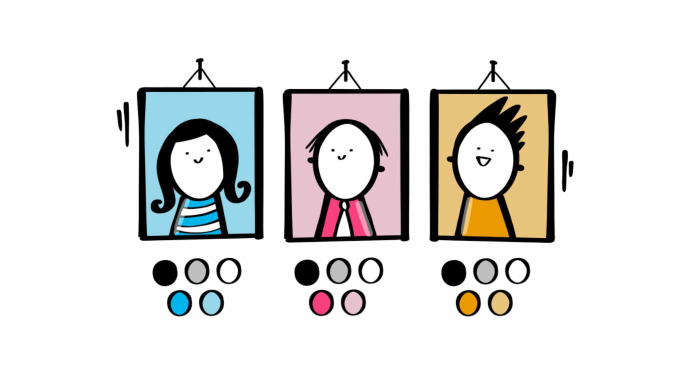 Exempel på färgpaletter. En blå, en rosa och en gul.