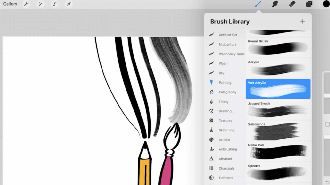 Olika penslar i Procreate. Från smala till breda.