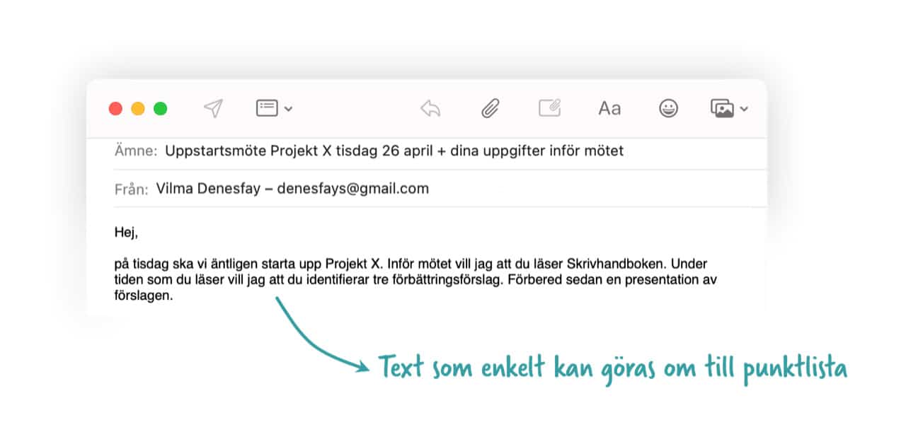 SKärmdump på text som inte har punktlista