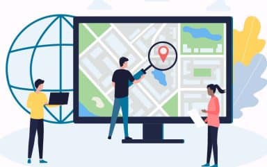 Illustration över tre personer som söker med förstoringsglas på en karta i en dator