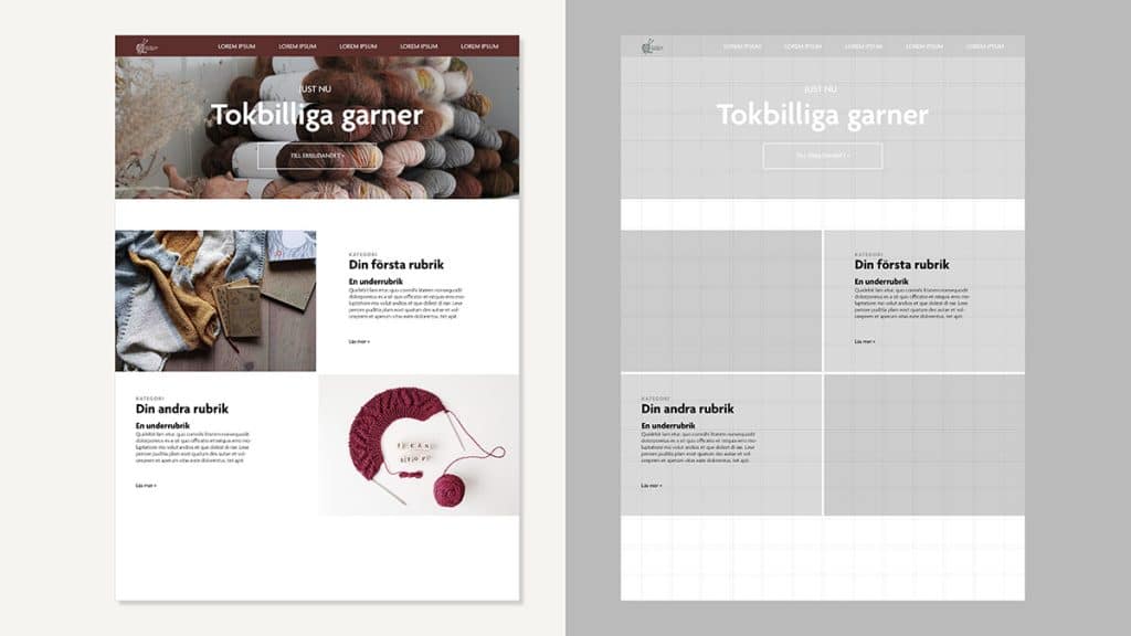 En layout av en hemsida med och utan grids