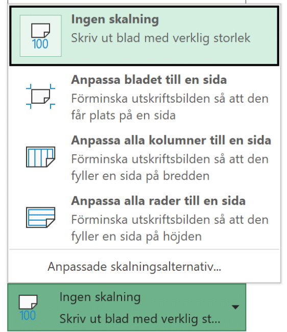 menyn skalning för utskrift i Excel