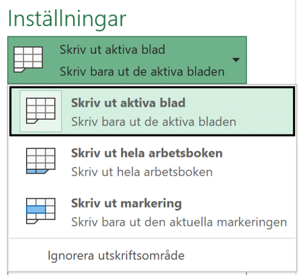 meny alternativ för utskrift i Excel