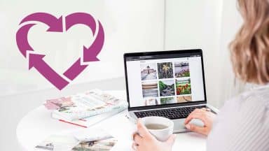 Bild på dator med Instagram öppet. Bredvid datorn finns en symbol för återanvändning formad som ett hjärta.