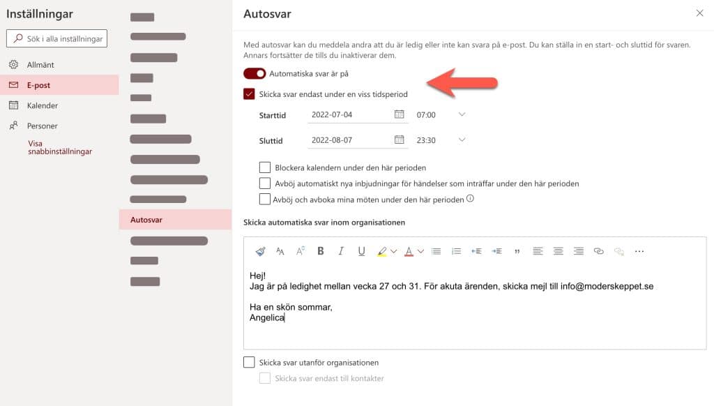 Ställa in autosvar i Outlook för webben