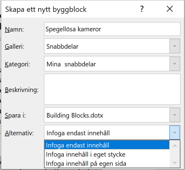 skärmbild på dialogrutan skapa byggblock