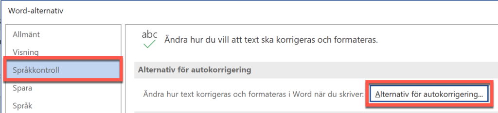 dialogrutan språkkontroll i Word