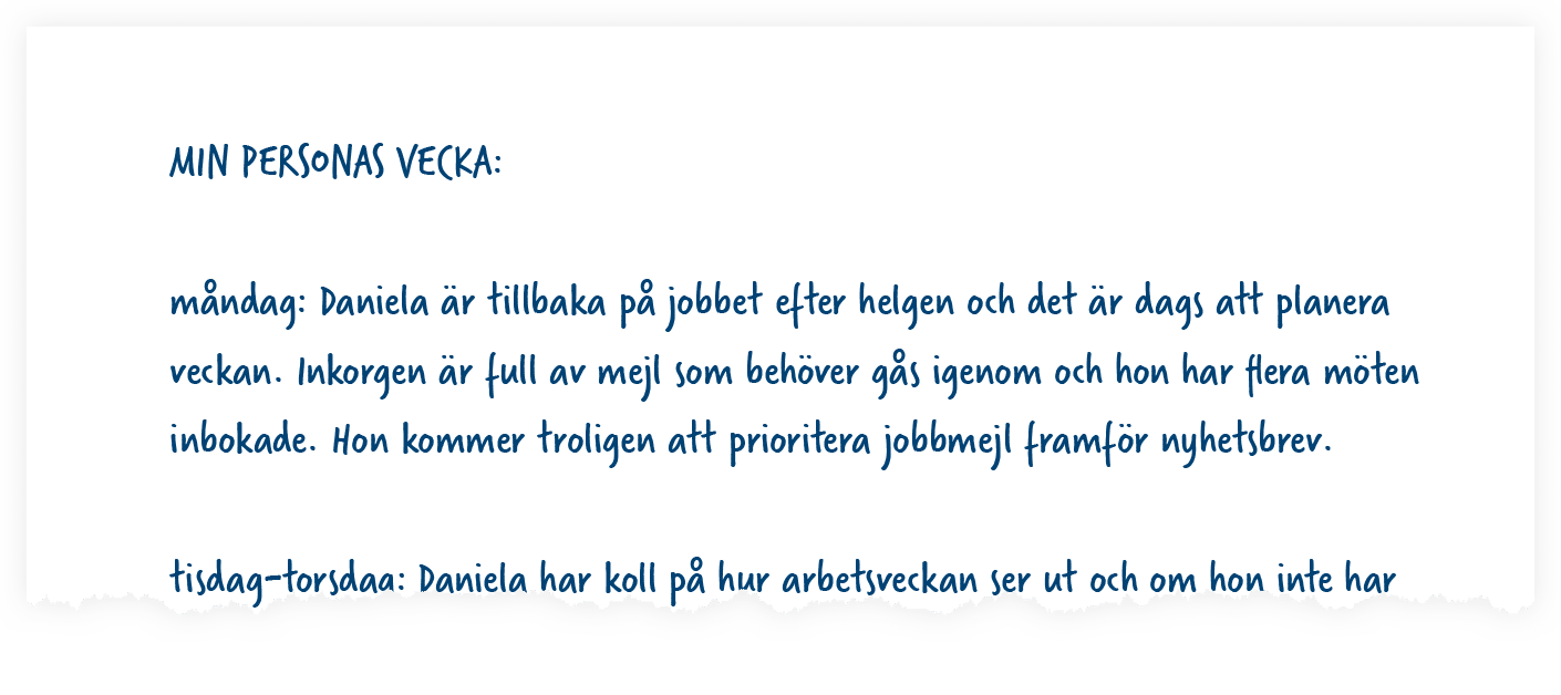 Handskriven blå text på ett papper: Planering för min persona