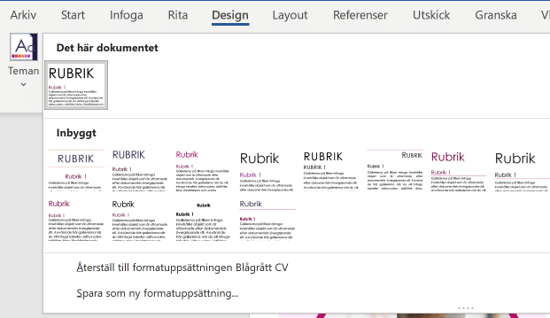 skärmbild på formatuppsättningar i Word