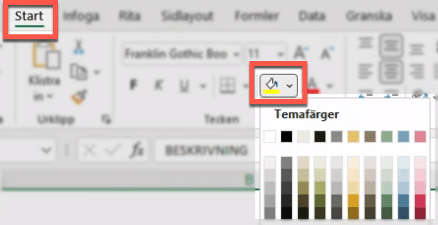 galleri för att välja fyllnadsfärg i Excel