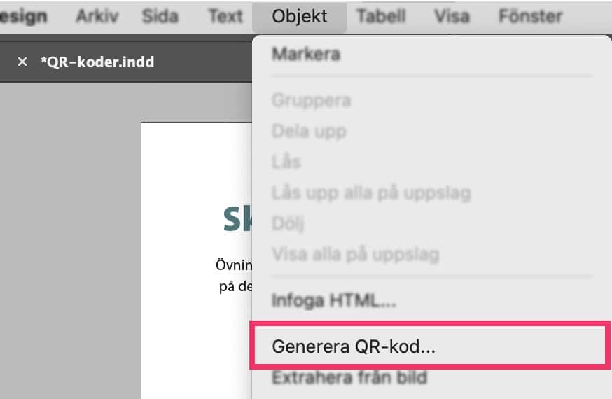 Indesign - menyn Objekt > generera QR-kod