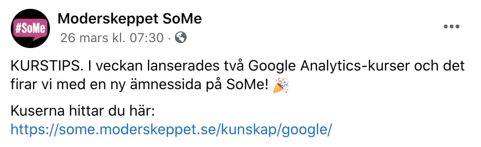 Skärmavbild av Facebook-inlägg från Moderskeppet SoMe, visar en länk till hemsidan.