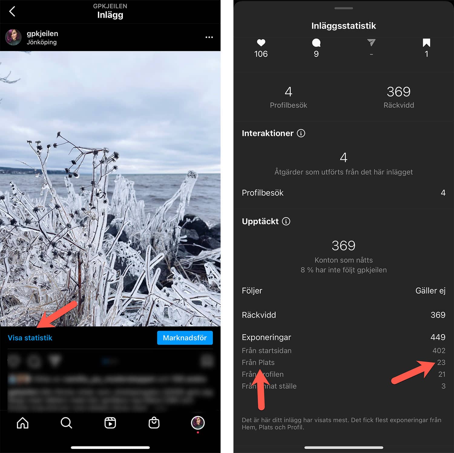 Skärmdumpar som visar hur du hittar statistik på Instagraminlägg