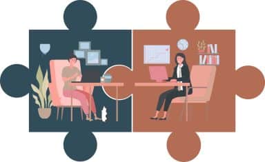 En illustration som föreställer en kvinna som jobbar hemma och en kvinna på kontor.