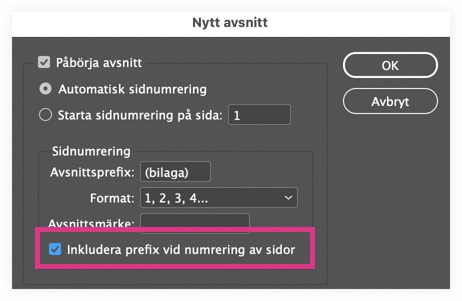 I Indesign: Panelen Nytt avsnitt med Prefix ikryssat