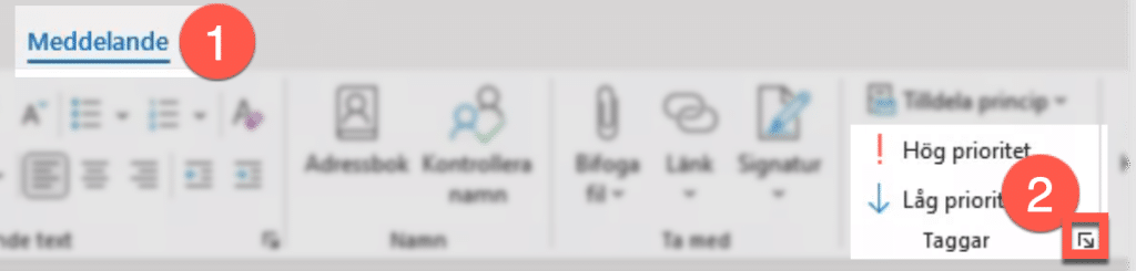 meddelandefliken i Outlook med knapp till meddelandealternativ