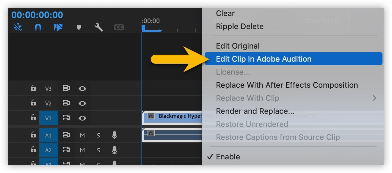 Alternativet Edit clip in Adobe Audition i Premiere Pro.