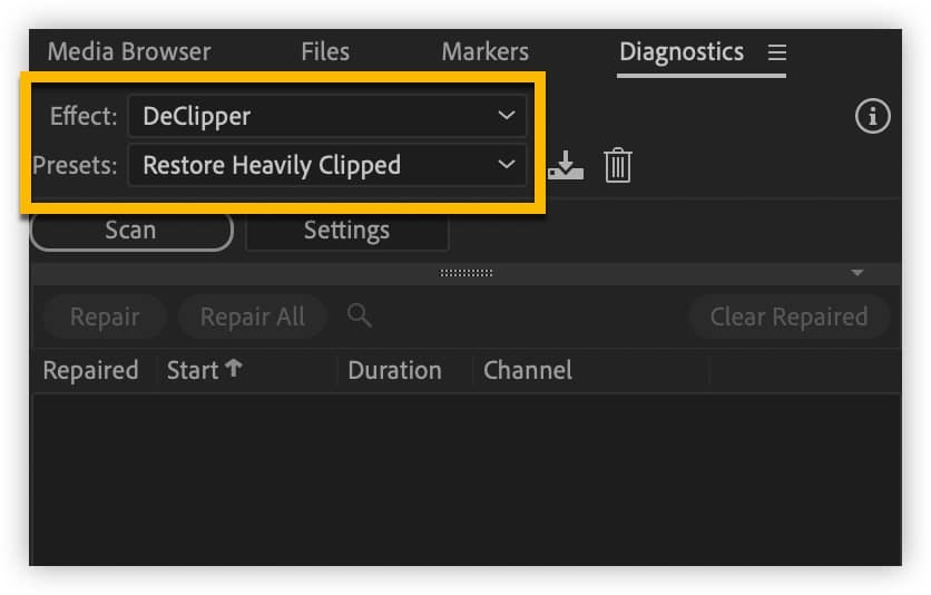 Alternativen Effects och Preset i panelen Diagnostics i Adobe Audition