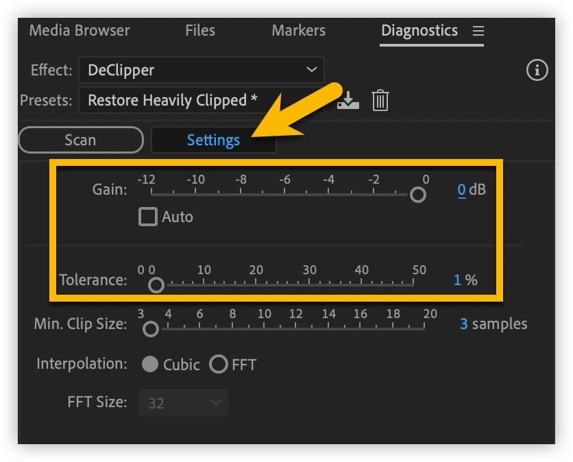 Panelen Diagnostics i Adobe Audition