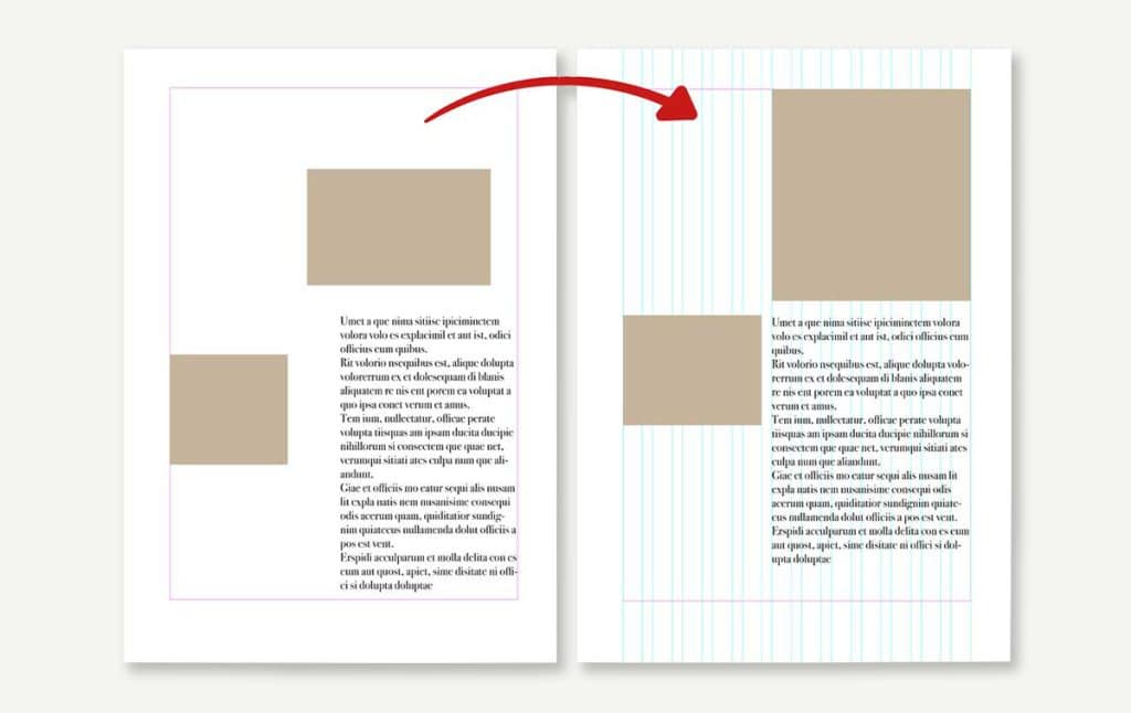 Två bilder på samma layout, en med och en utan grids