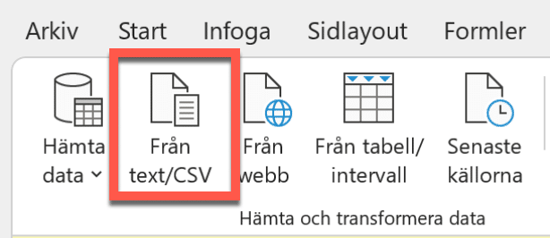 skärmbild på menyn data - från text csv