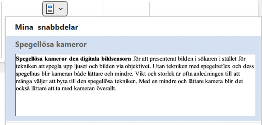 menyn mina snabbdelar i Word