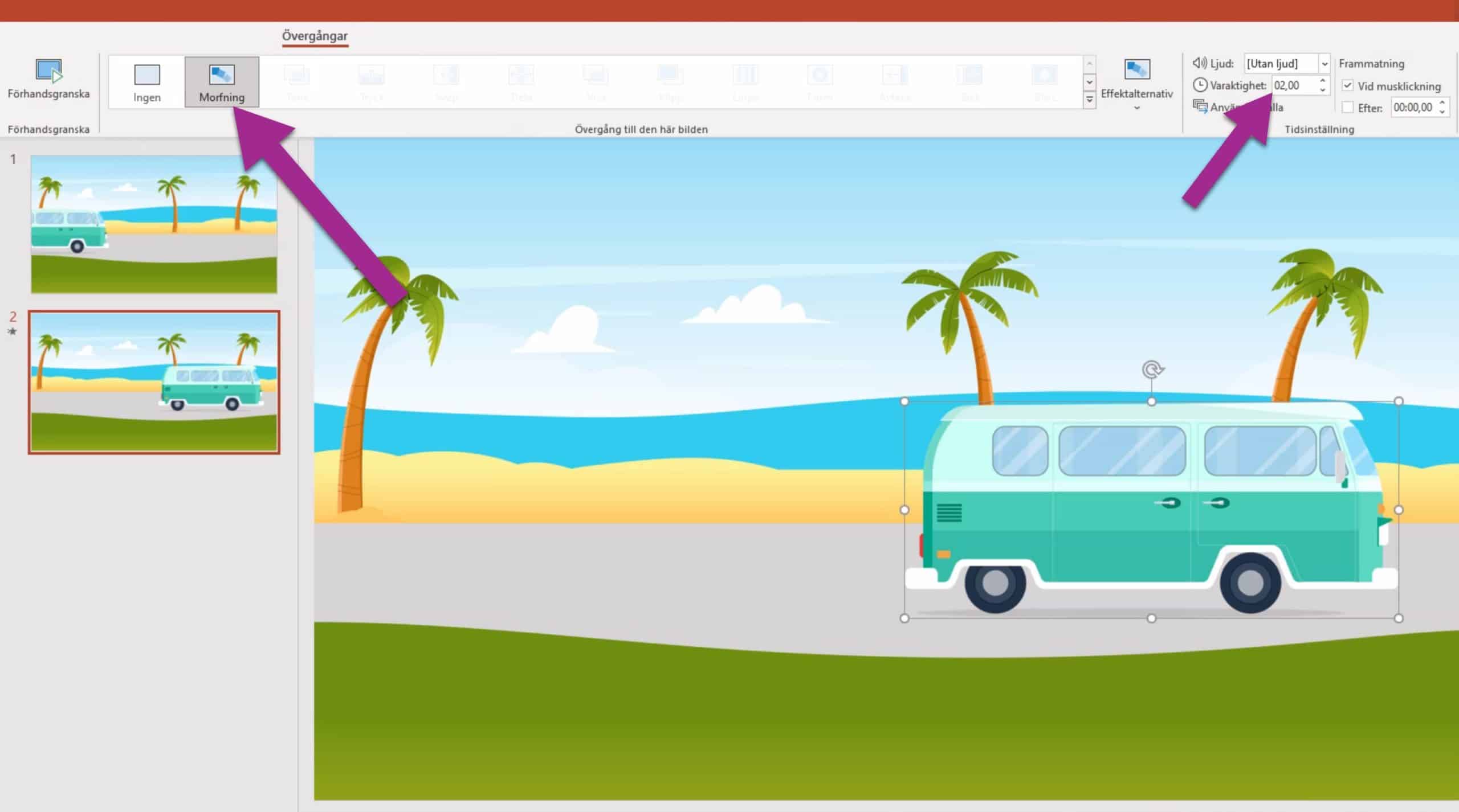 Bilden visar hur du lägger på övergången morfning i Powerpoint