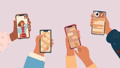 Illustration av händer som håller upp mobiltelefoner