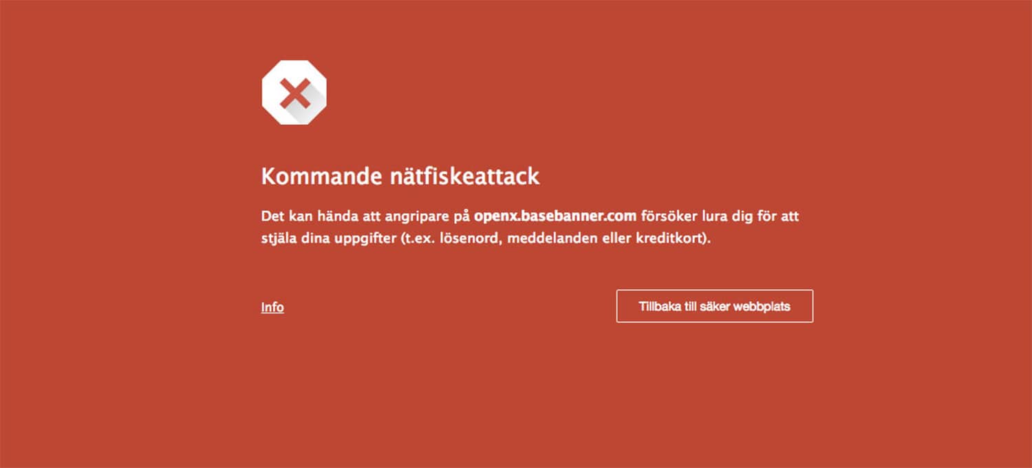 Skärmdump på en varning om nätfiske