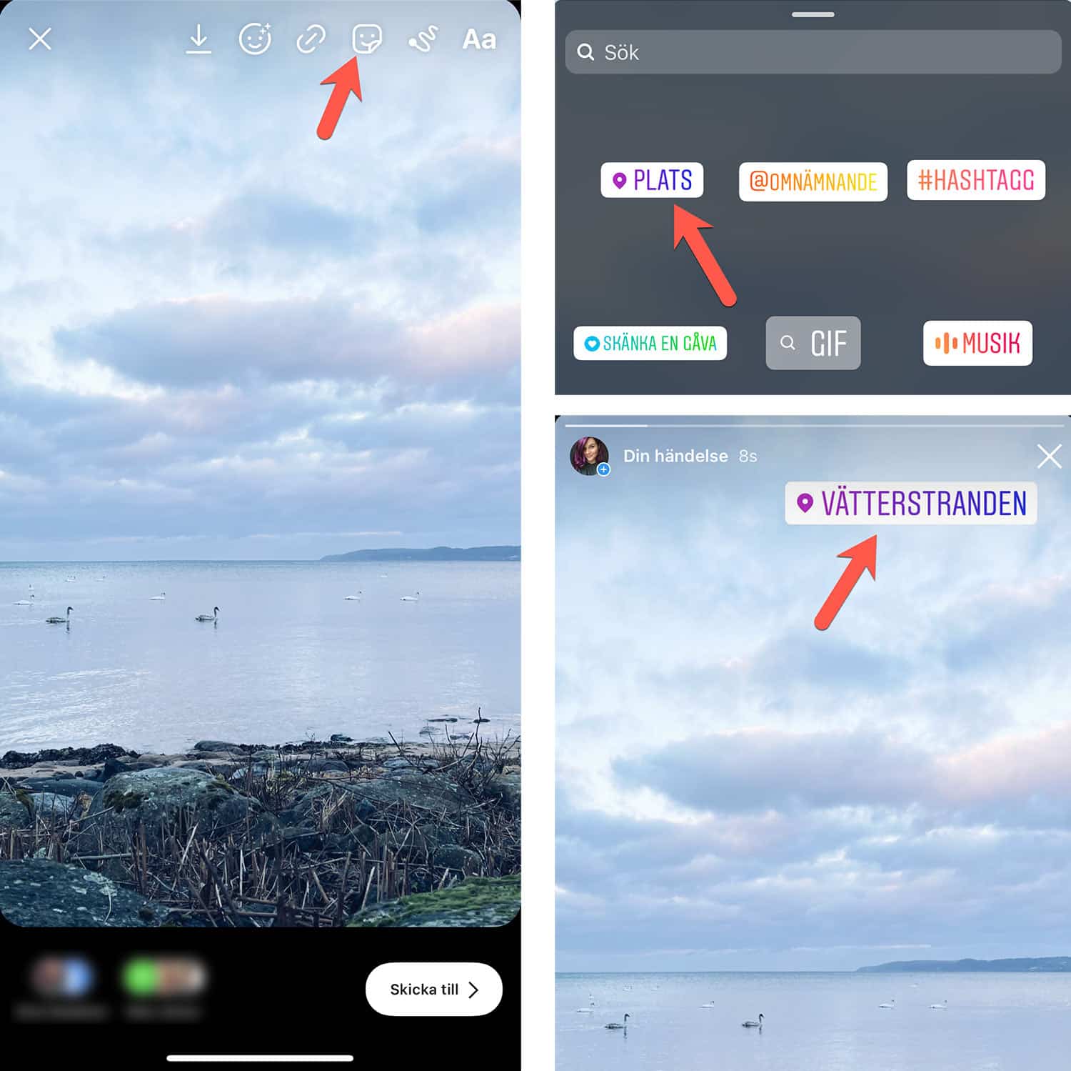 Skärmdumpar som visar hur du lägger till en platstagg på en Instagramhändelse