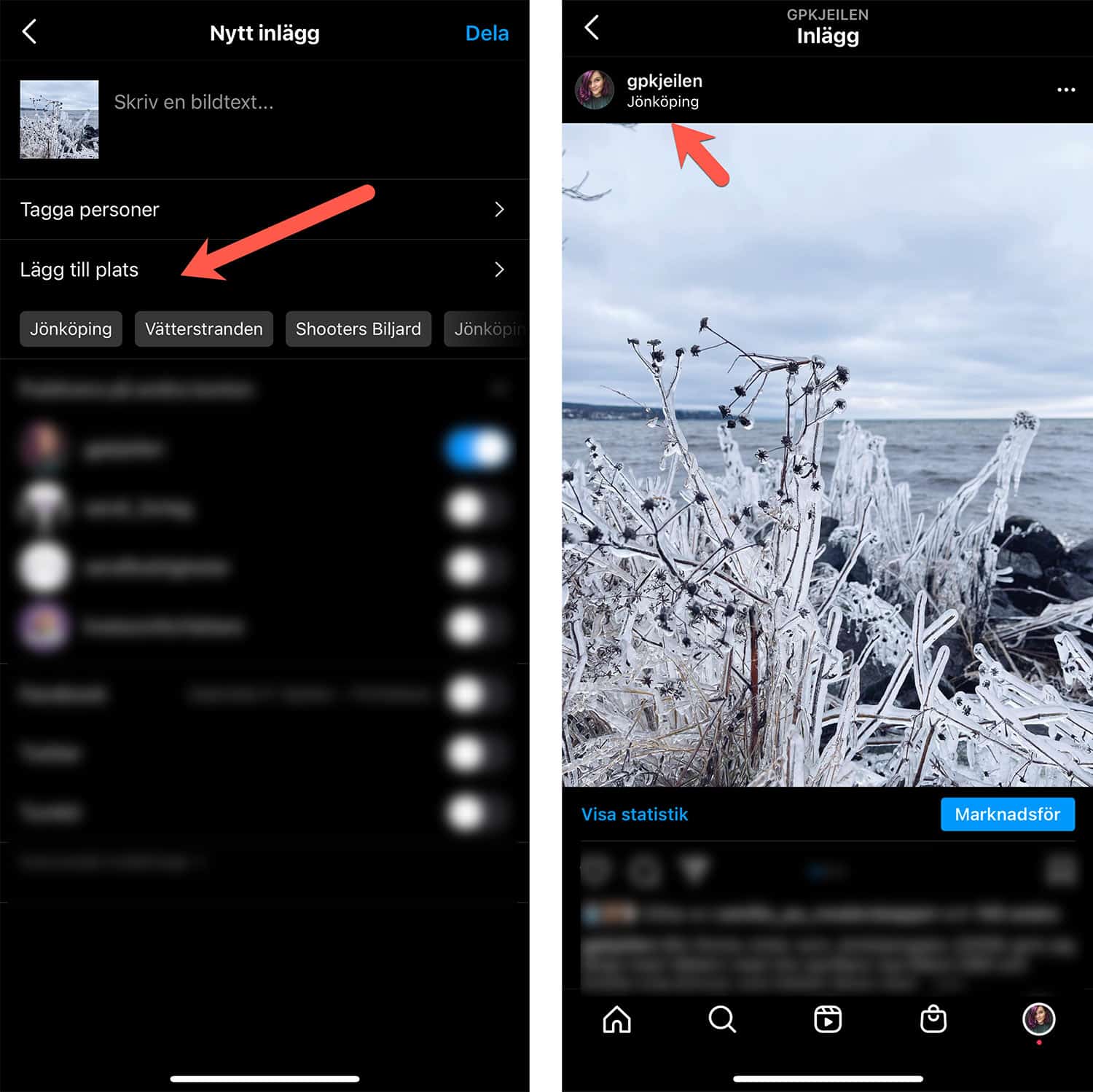 Skärmdumpar som visar hur du lägger till en platstagg på ett Instagraminlägg