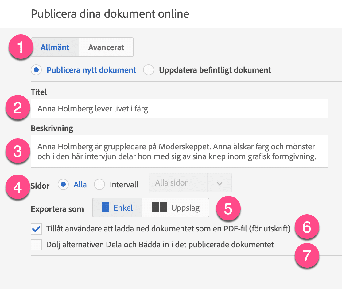 Dialogbox Publish online i InDesign
