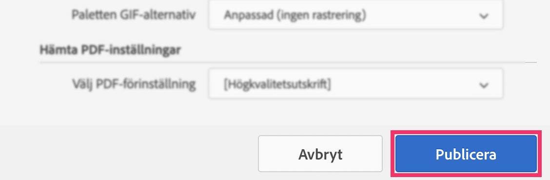 Publicera-knappen i Publish online i InDesign