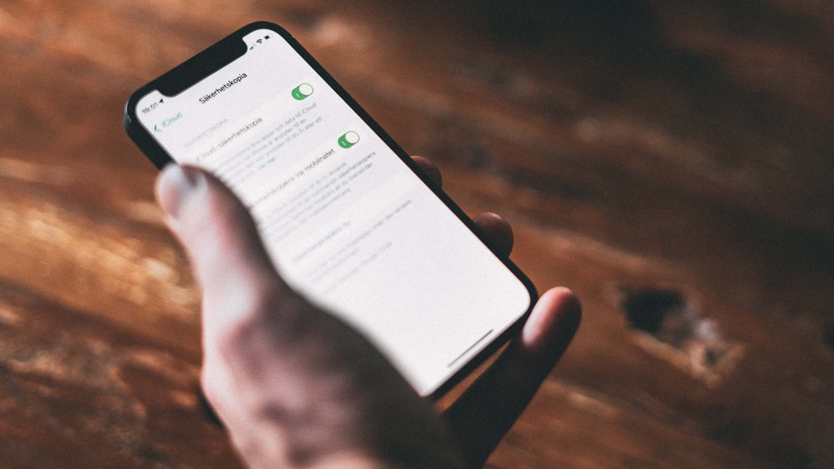 Bild på en iphone som visar inställningar för säkerhetskopiering