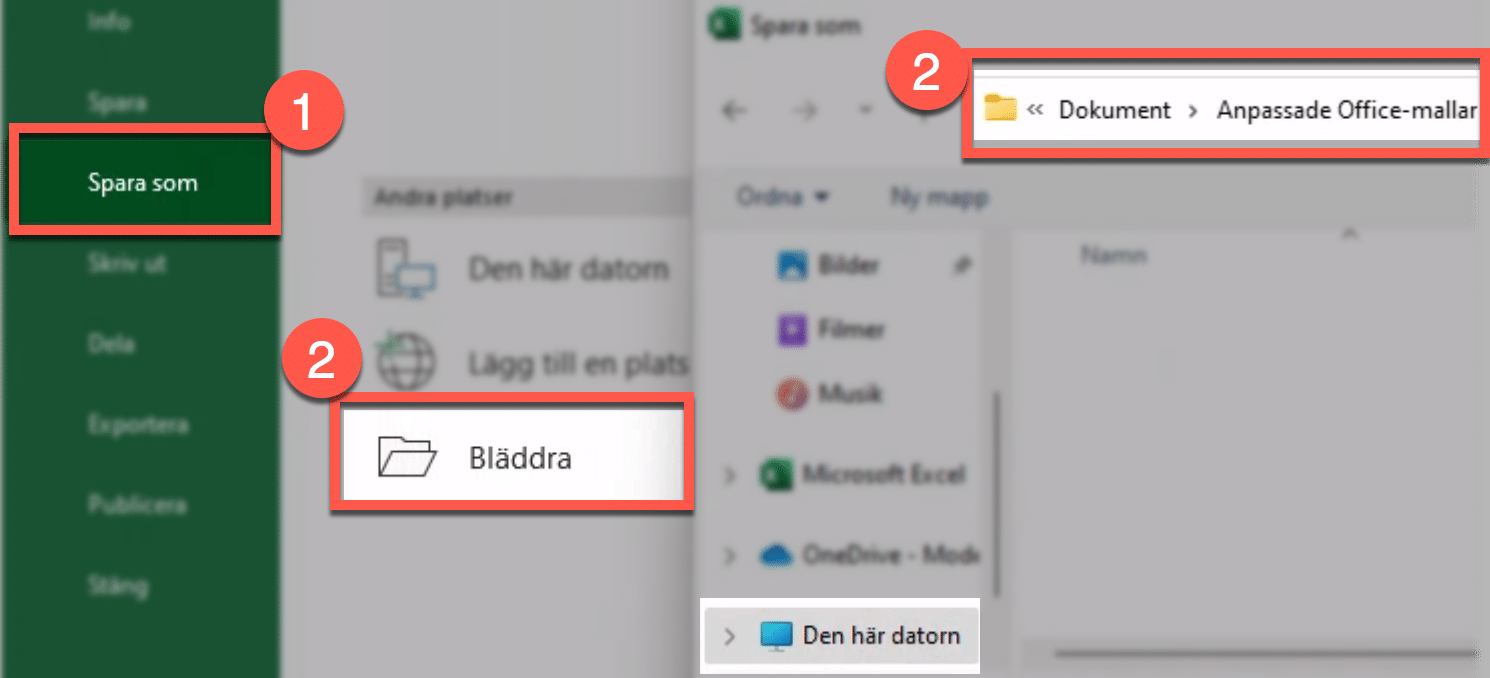 vyn för att spara i Excel