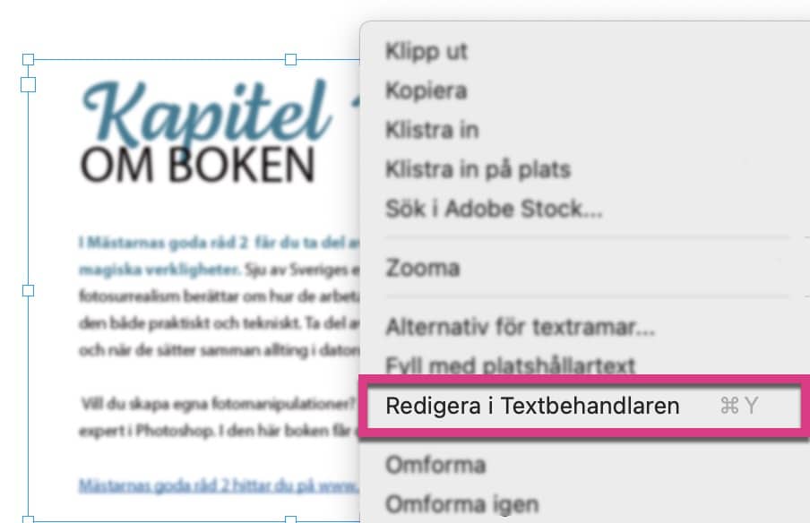 Menyn redigera i Textbehandlaren