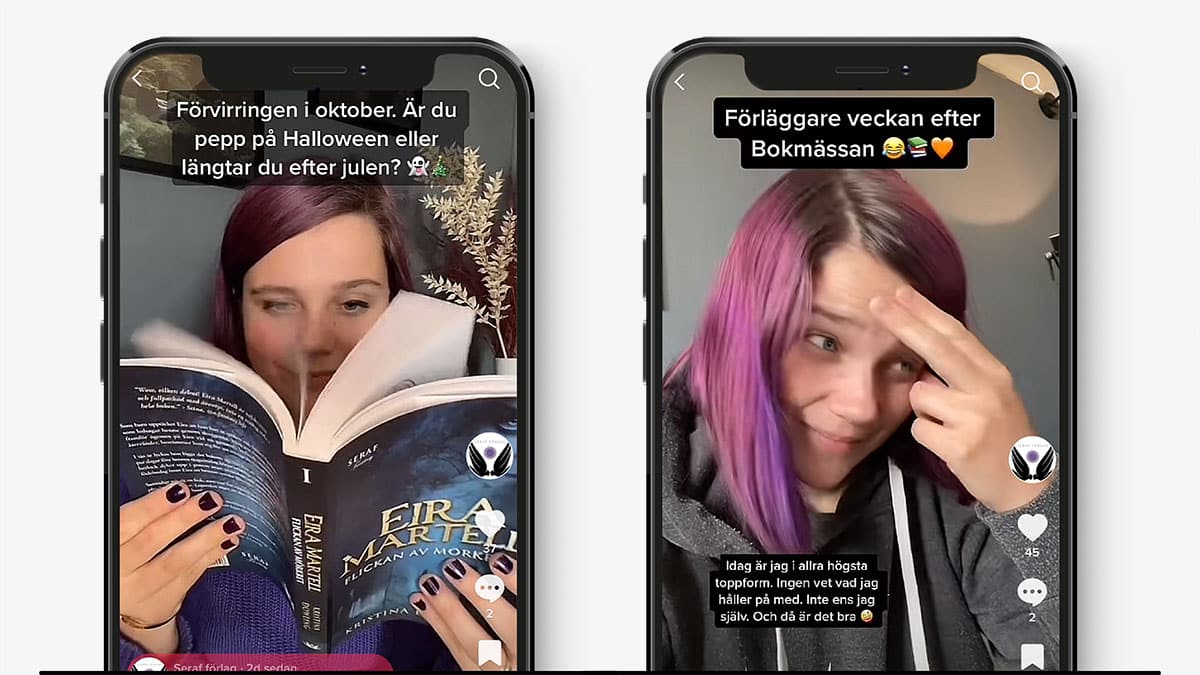 Skärmdumpar på två TikTok-videor från Seraf förlag