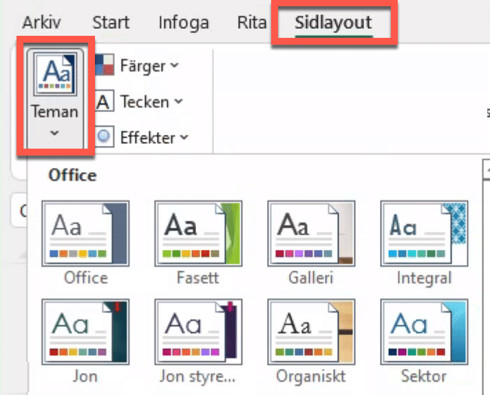 galleriet för att välja tema i Excel